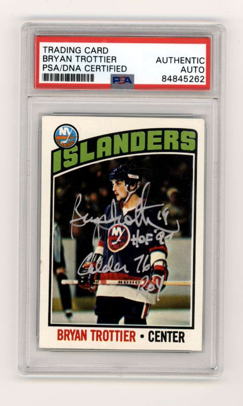 Bryan Trottier 1976-77 Topps #115 RC w/ HOF + ROY Ins Signed PSA Authentic Auto0