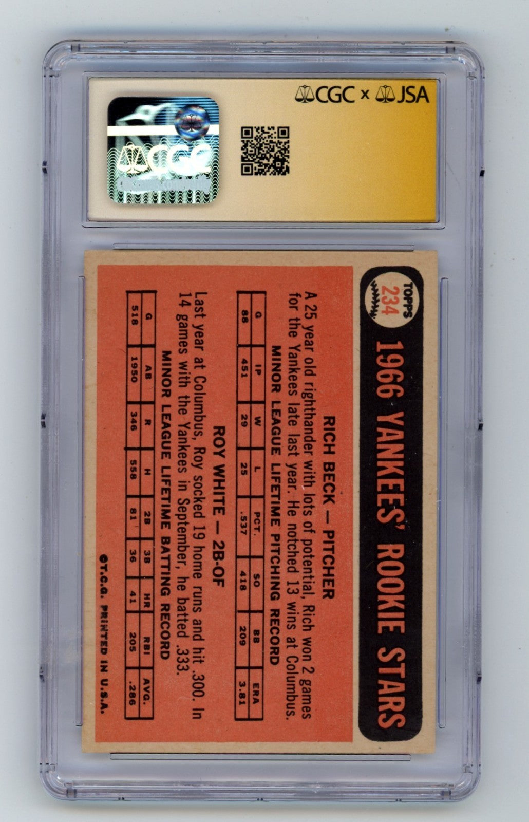 Roy White 1966 Topps #234 Signed RC w 69-70 All Star + 77-78 WSC JSA CGC 10 Auto1