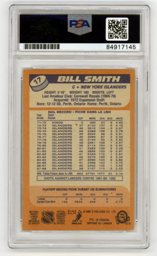 Billy Smith 1988-89 O-Pee-Chee OPC #17 Signed PSA Authentic Auto Black Islanders1