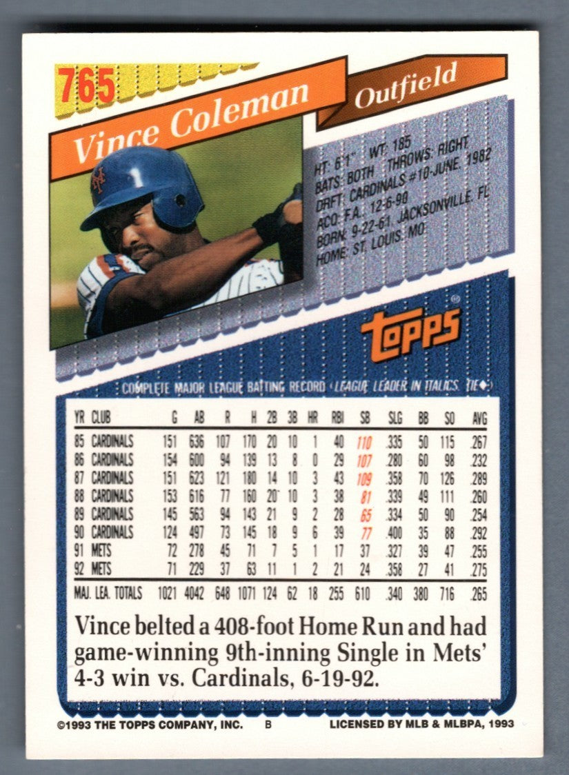 Vince Coleman Signed Autographed 1993 Topps #765 LSCM COA New York Mets1
