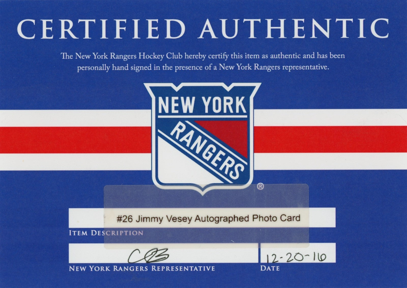 Jimmy Vesey Signed Autographed New York Rangers Photo Card NY Rangers COA2