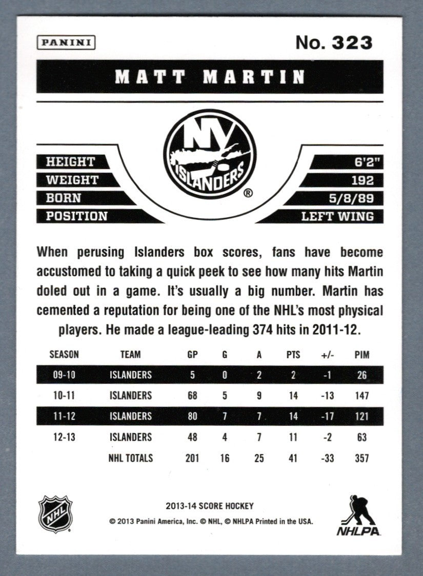Matt Martin Signed 2013-14 Panini Score Hockey #323 LSCM COA New York Islanders1