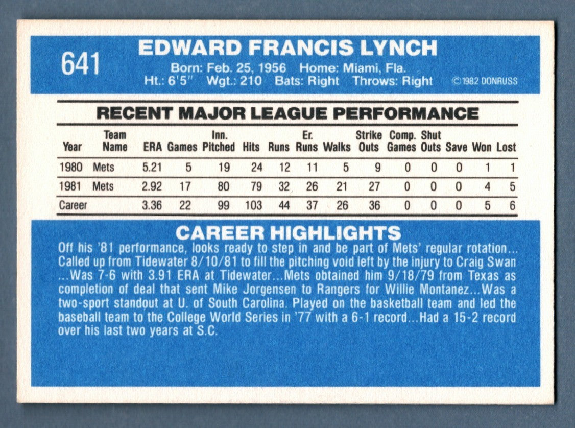 Ed Lynch Signed 1982 Donruss #641 Rookie RC w/ 86 WSC LSCM COA New York Mets1