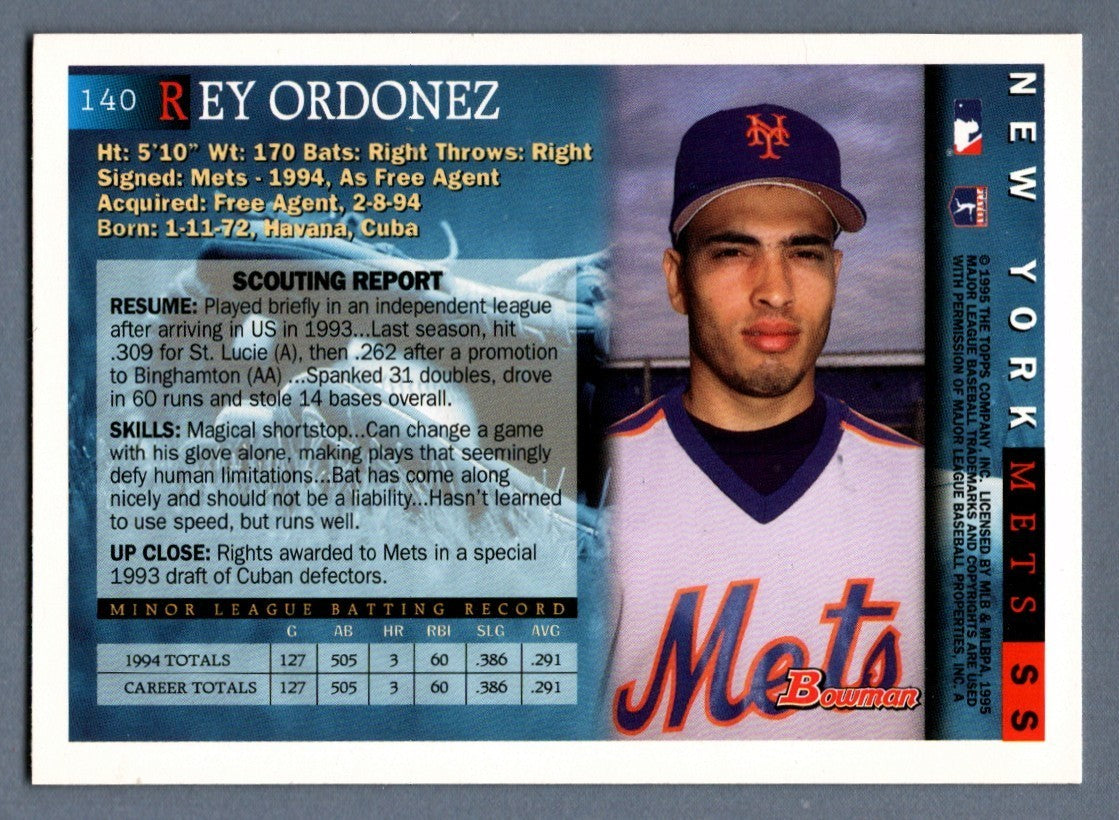 Rey Ordonez Signed Autographed 1995 Bowman #140 Rookie RC LSCM COA New York Mets1