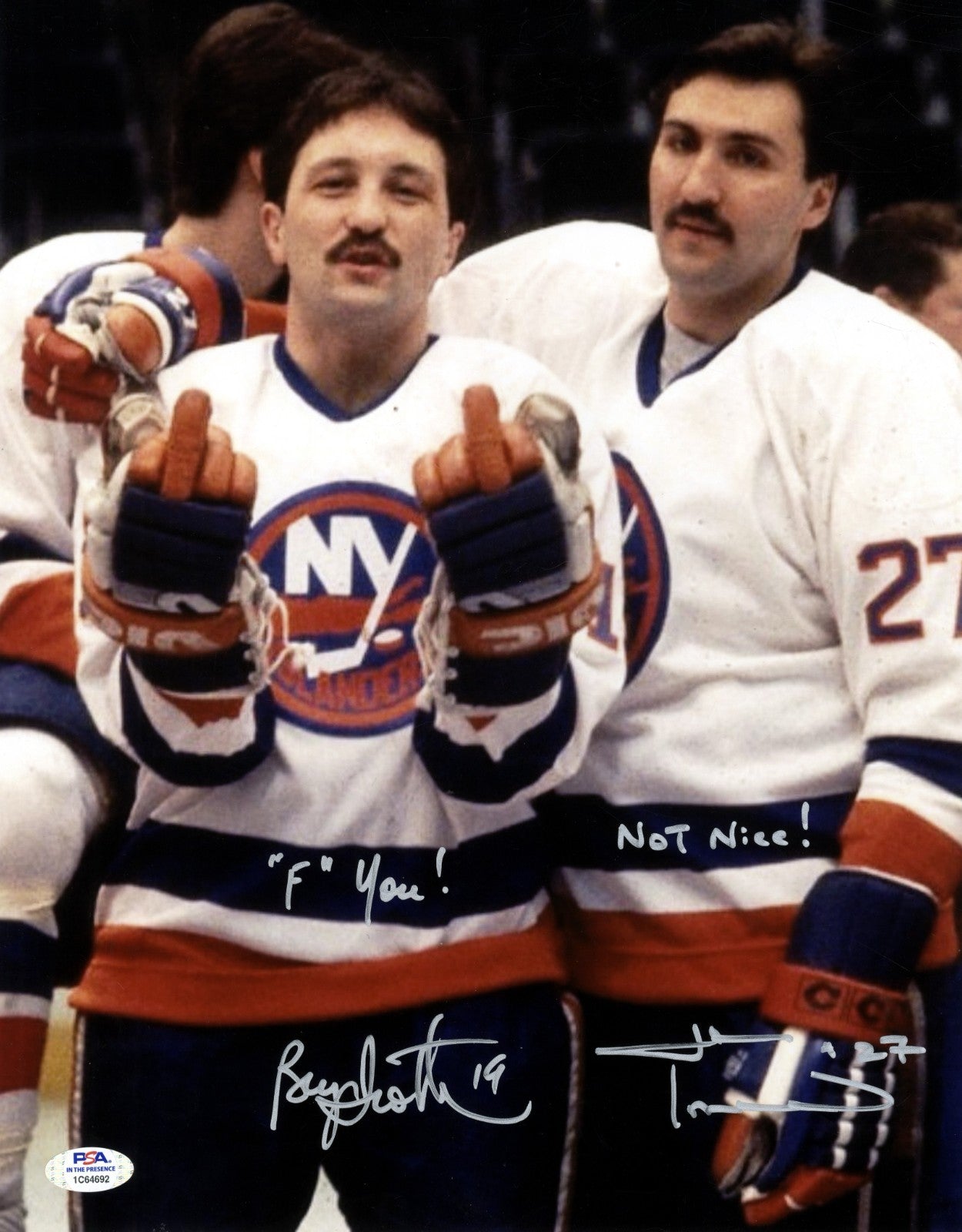 Bryan Trottier + John Tonelli Dual Signed 11x14 Photo w/ "F" You! + Insc PSA COA0