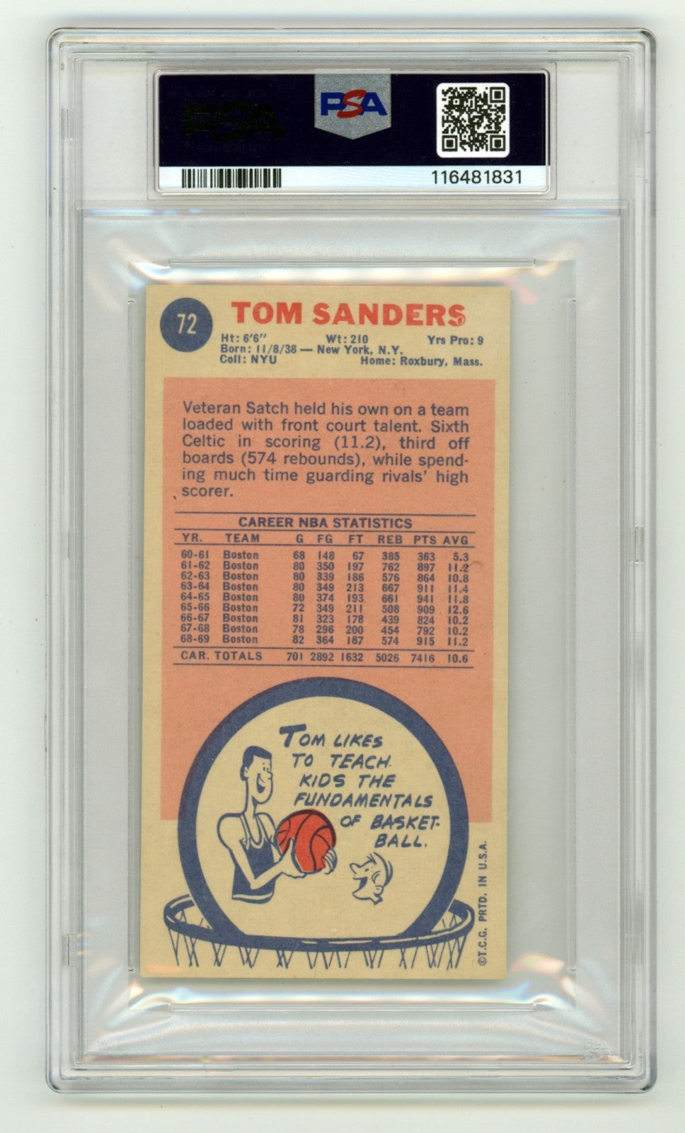 Tom "Satch" Sanders 1969-70 Topps 72 Tall Boy RC 2 Insc Signed Auto PSA 10 Auto1