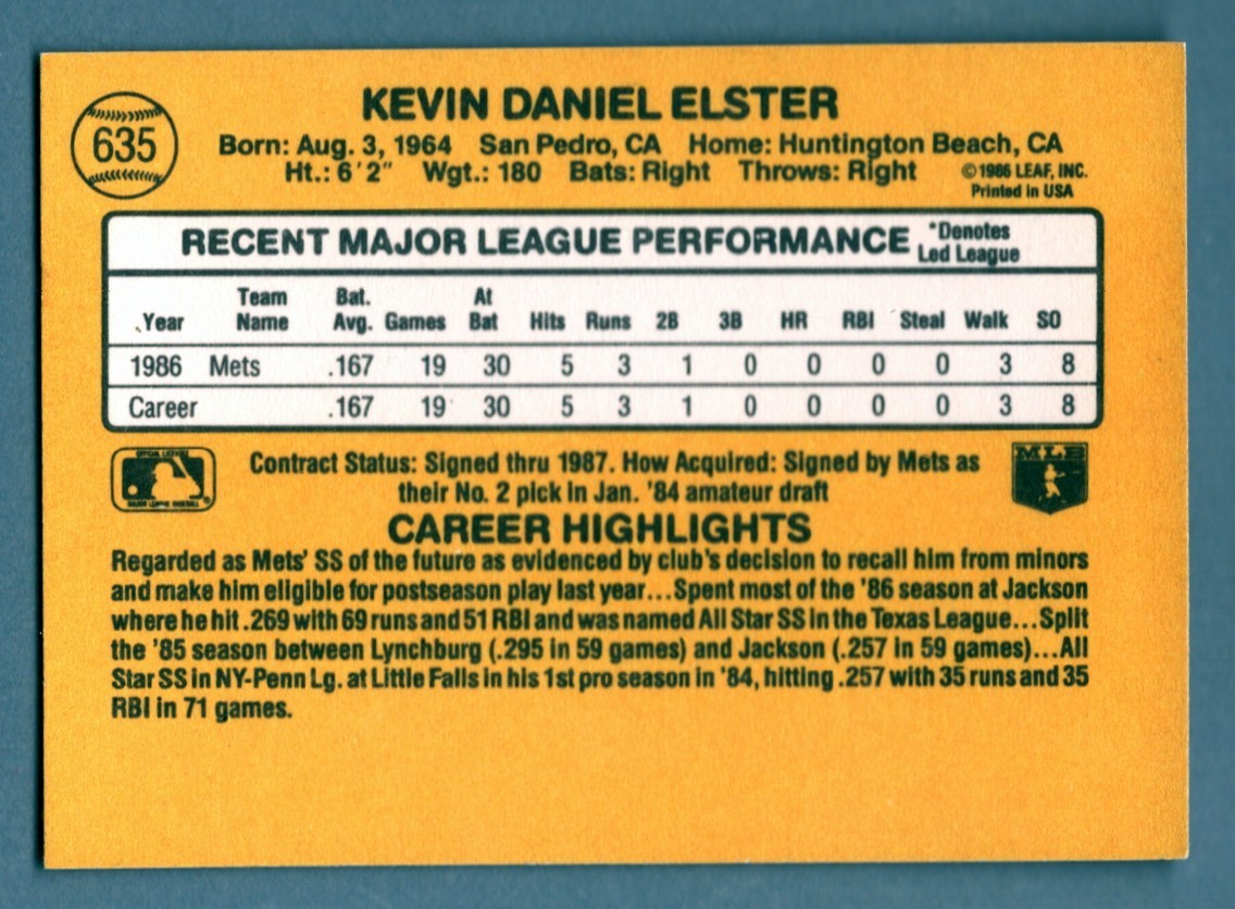 Kevin Elster Signed 1987 Donruss #635 Rookie RC w/ 86 WSC LSCM COA New York Mets1