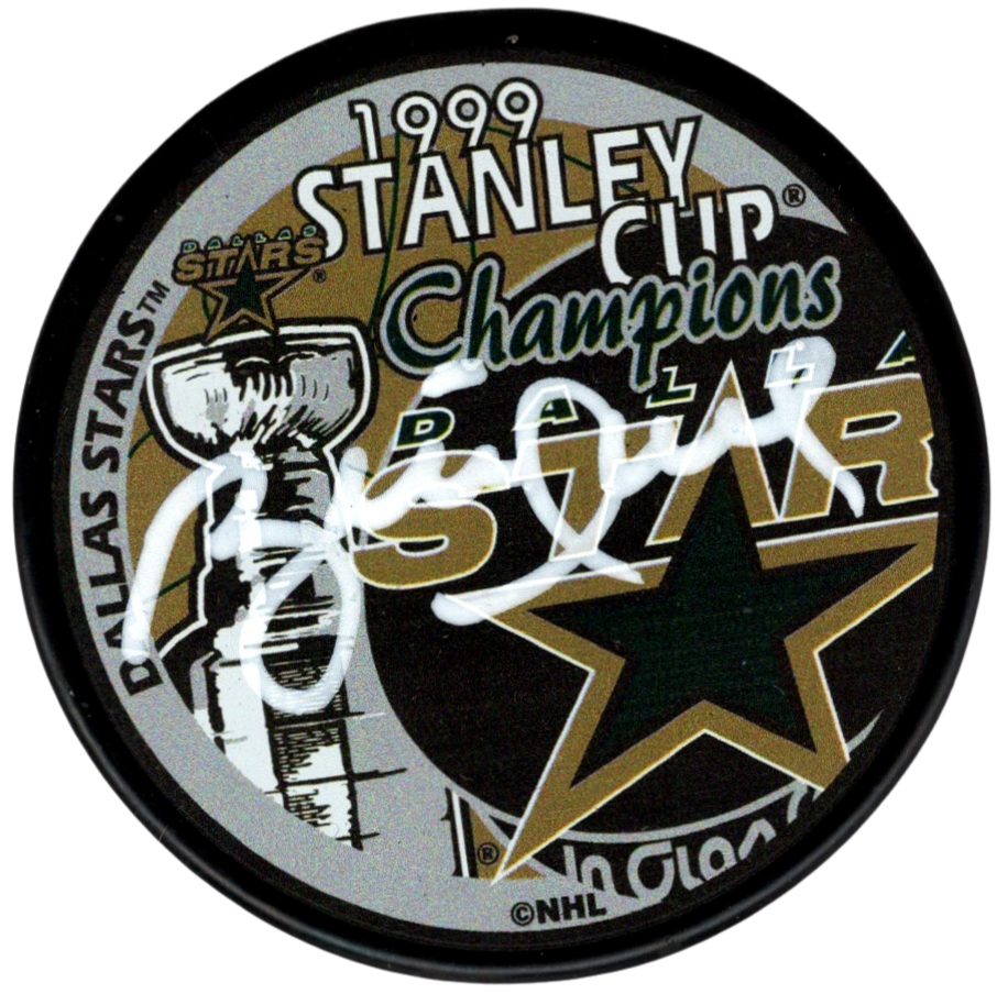 Brett Hull Signed 1999 Stanley Cup Dallas Stars Puck Beckett Witness BAS COA0