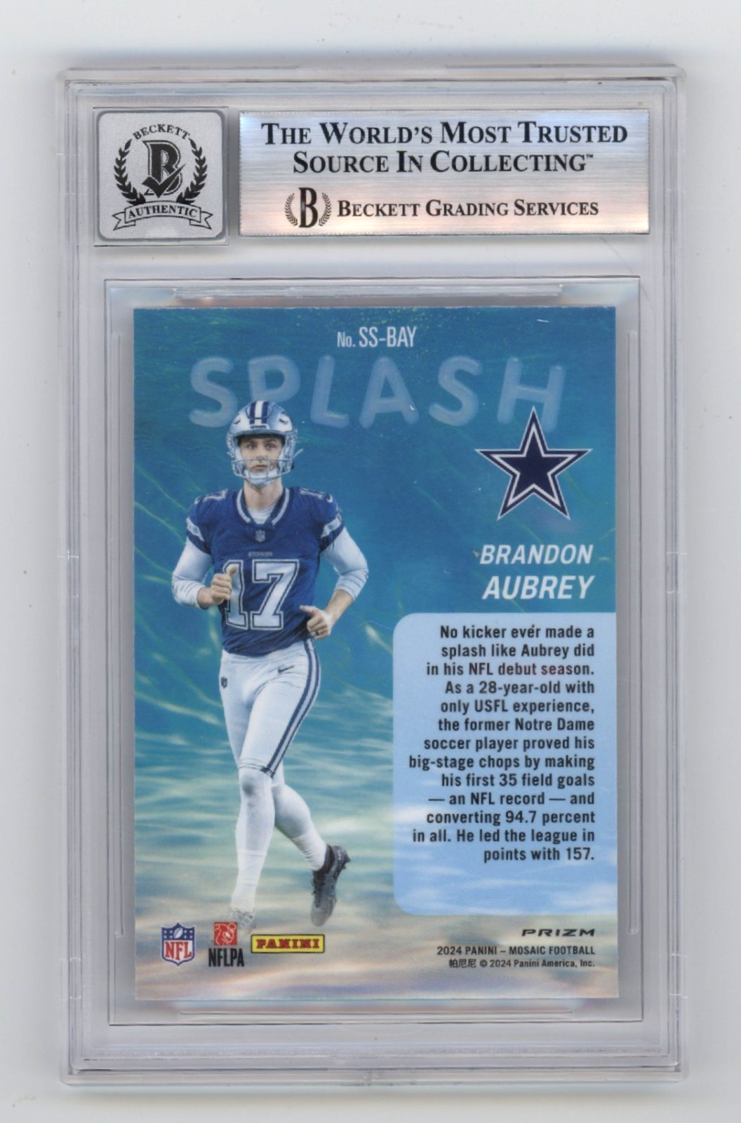 Brandon Aubrey 2024 Panini Mosaic Splash Signed Beckett BGS 10 Auto Cowboys1