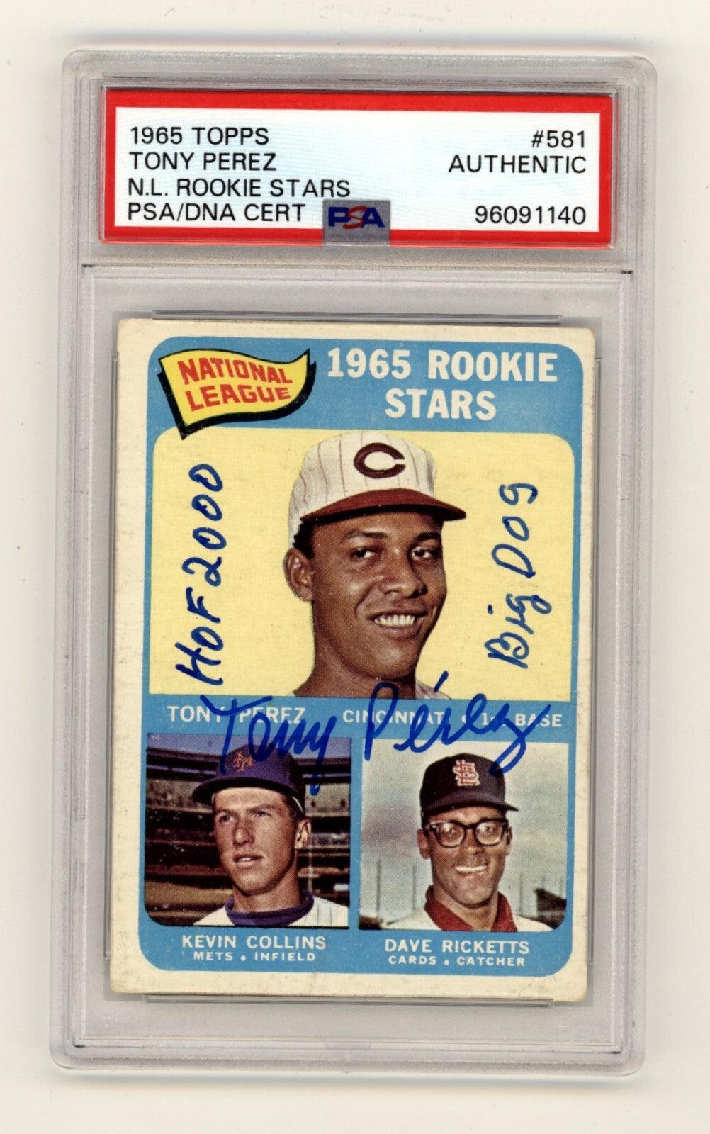 Tony Perez 1965 Topps #581 Rookie RC Signed HOF 2000 Big Dog Insc. PSA Auto Reds0