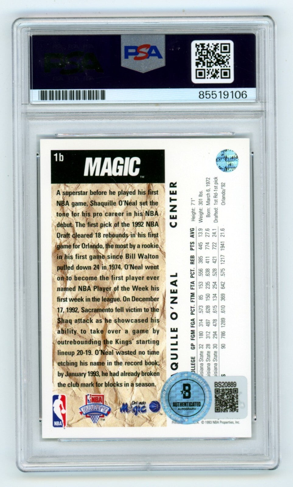 Shaquille O'Neal 1992-93 UD NBA Draft 1B Rookie RC Signed PSA Auth Auto BAS Shaq1