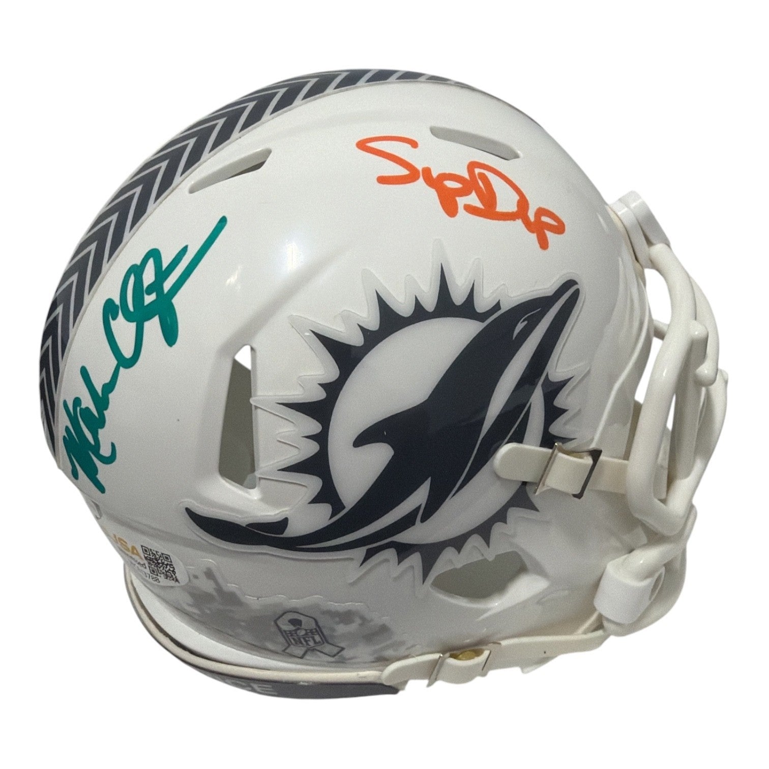 Mark Clayton & Mark Duper Dual Signed Dolphins Salute Mini Helmet JSA Wit COA0