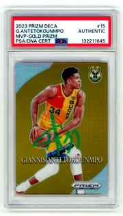 Giannis Antetokounmpo 2023-24 Prizm Deca 15 MVP Gold Prizm Signed #4/10 PSA Auto0