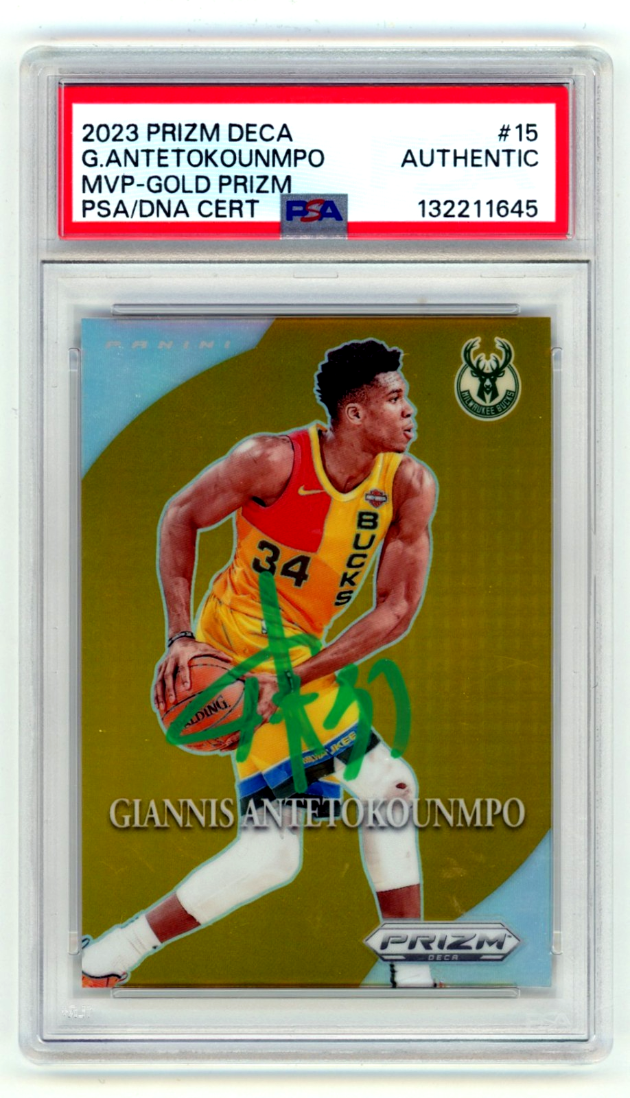 Giannis Antetokounmpo 2023-24 Prizm Deca 15 MVP Gold Prizm Signed #4/10 PSA Auto0
