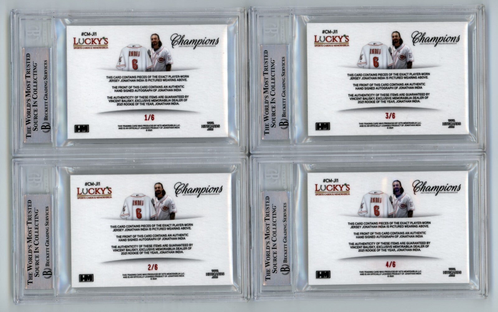 Jonathan India 2021 Hits Memorabilia Champions Red Prime Button Auto RC #/6 BGS1