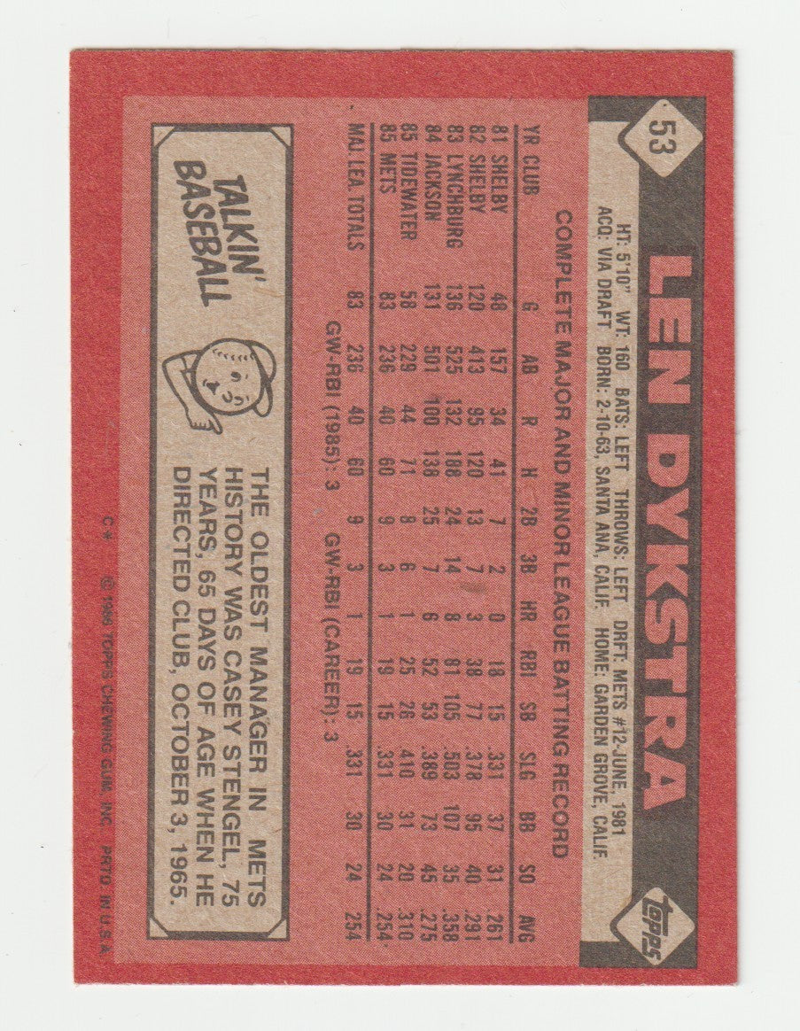 Lenny Dykstra Signed 1986 Topps Baseball #53 Rookie RC LSCM COA New York Mets1
