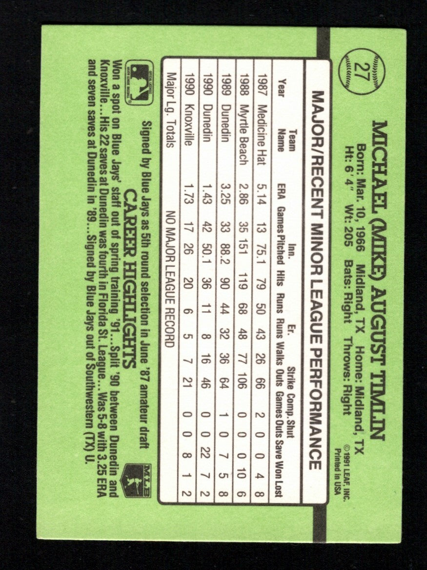 Mike Timlin Signed Auto 1991 Donruss The Rookies RC #27 LSCM COA Blue Jays1