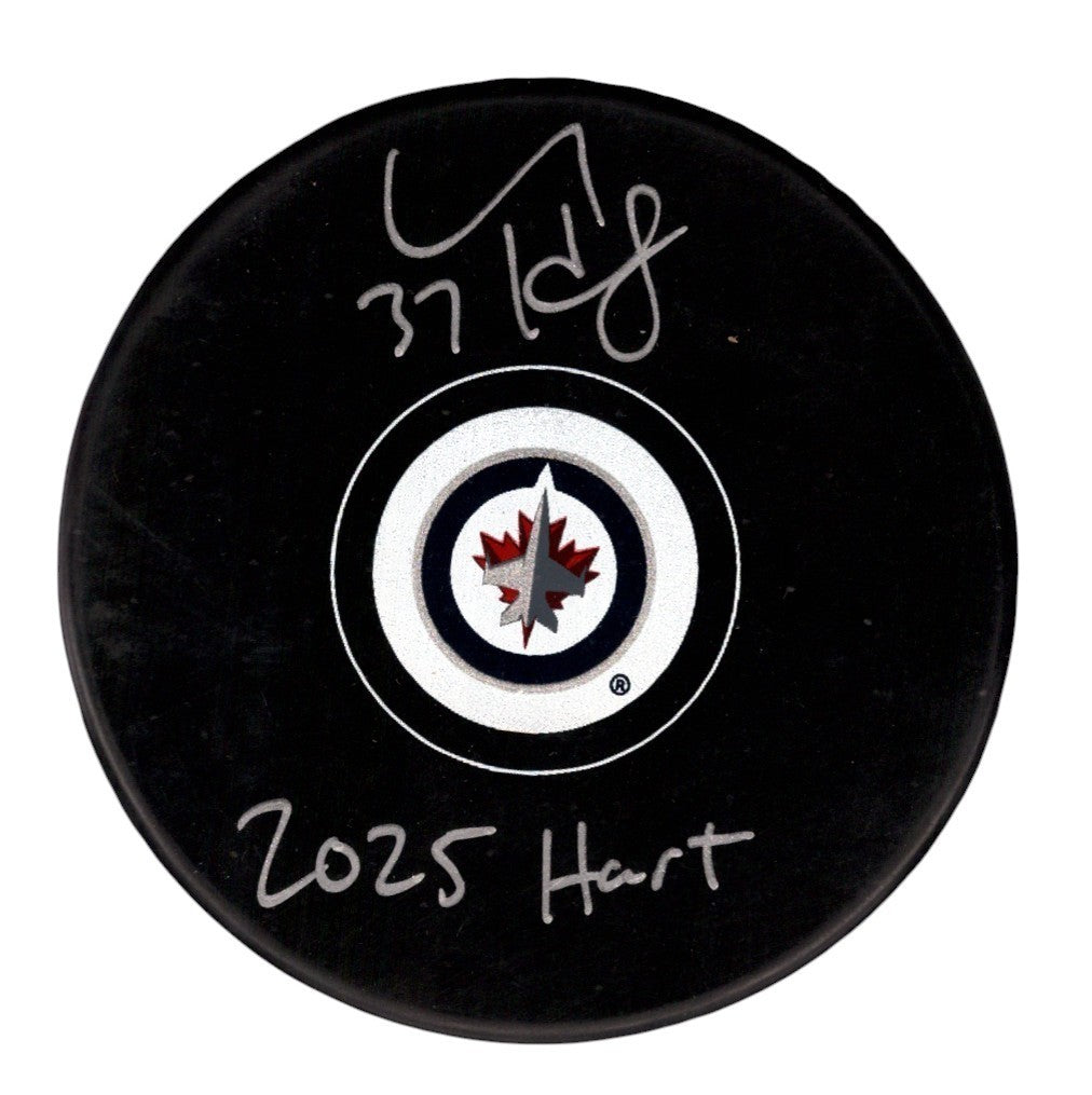 Connor Hellebuyck Signed Winnipeg Jets Logo Puck w/ 2025 Hart Insc. Fanatics COA0