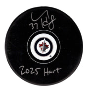 Connor Hellebuyck Signed Winnipeg Jets Logo Puck w/ 2025 Hart Insc. Fanatics COA0