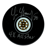 Tim Thomas Signed Auto Boston Bruins Puck w/ 4x All Star Beckett Witness BAS COA0