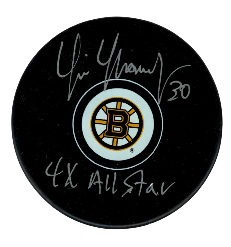 Tim Thomas Signed Auto Boston Bruins Puck w/ 4x All Star Beckett Witness BAS COA0