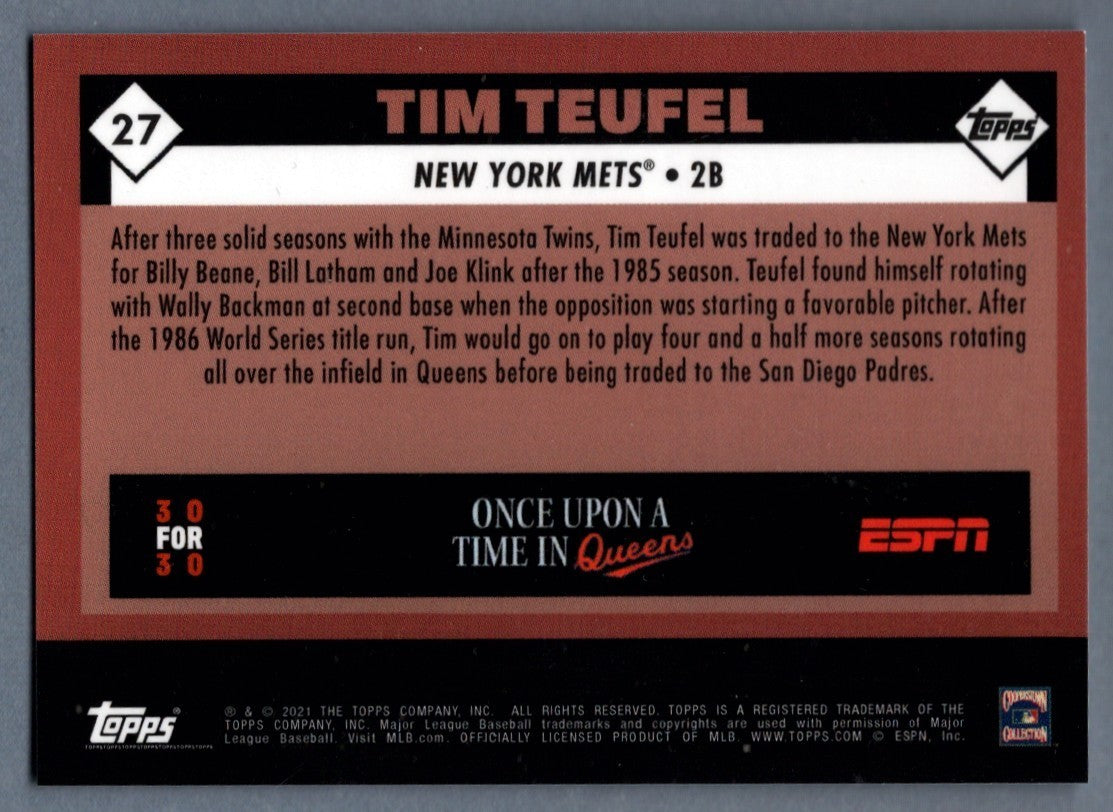 Tim Teufel Signed 2021 Topps Once Upon a Time in Queens #27 B/W LSCM COA1