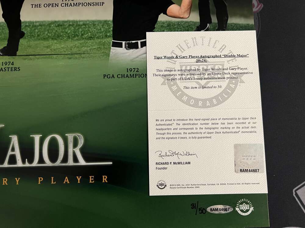 Tiger Woods & Gary Player Signed Auto 20x24 Photo Double Major 31/50 UDA COA3