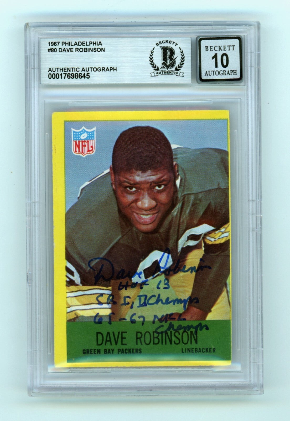 Dave Robinson 1967 Philadelphia #80 Signed Rookie RC w 3 Insc HOF BGS 10 Auto C0