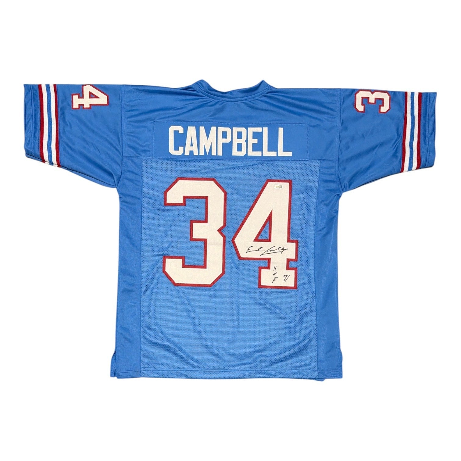 Earl Campbell Signed Houston Oilers Custom Jersey w/ HOF 91 JSA Witness COA0