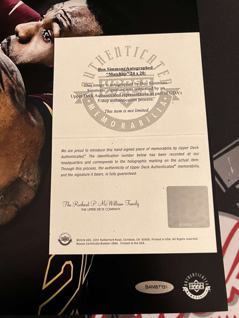 Ben Simmons Signed 24x20 Photo Matchup vs LeBron James Upper Deck UDA COA2