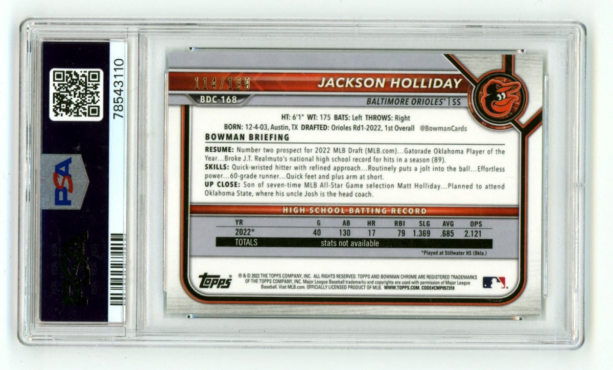 Jackson Holliday 2022 Bowman Chrome 1st Aqua Lava Ref 114/199 Signed PSA 10 Auto1