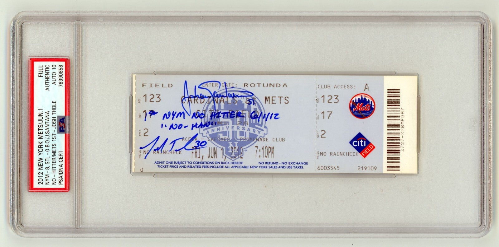 Johan Santana Josh Thole Signed Mets 1st No-Hitter Ticket w/ 2 Insc. PSA 10 Auto0