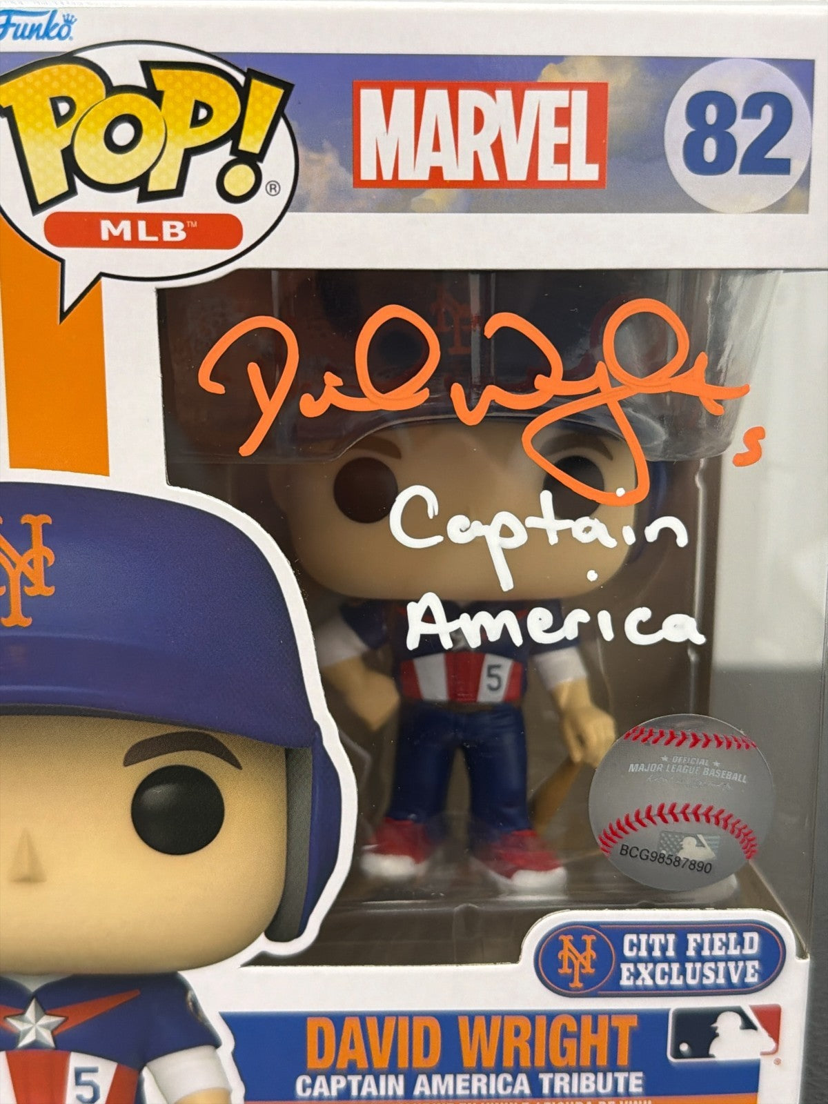 David Wright Signed Citi Field SGA Funko Pop #82 w/ Captain America Insc JSA COA1