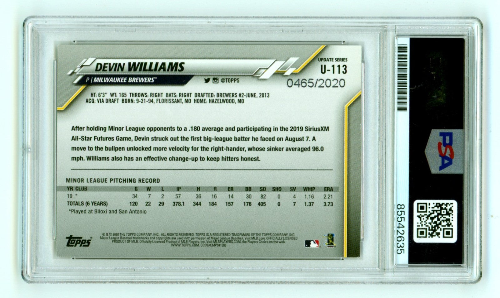 Devin Williams 2020 Topps Update Signed Gold Rookie RC /2020 PSA Authentic Auto1