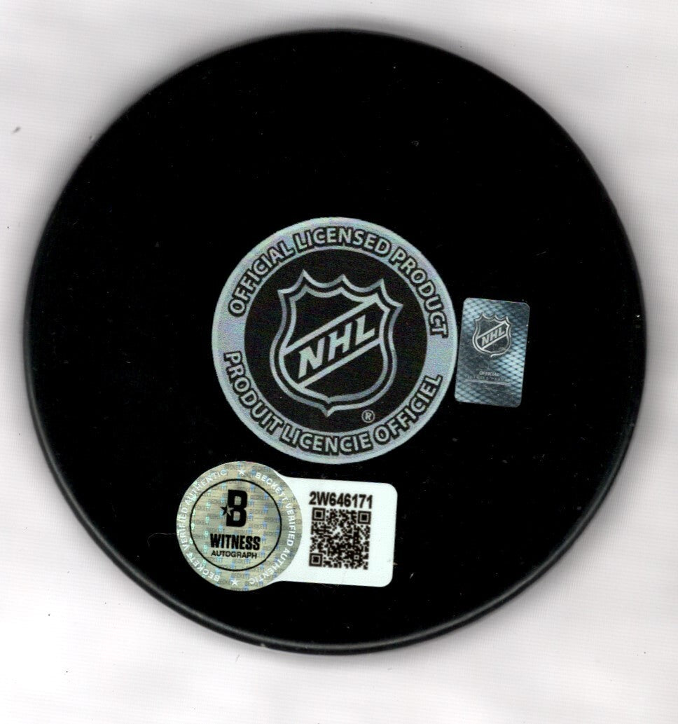 Marcel Dionne Signed Auto LA Kings Puck w/ HOF 92 Beckett Witness BAS COA Yellow1