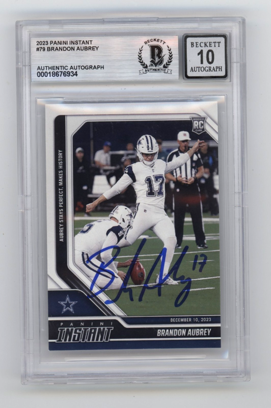 Brandon Aubrey 2023 Panini Instant #79 /612 Rookie RC Signed BGS 10 Auto Cowboys0