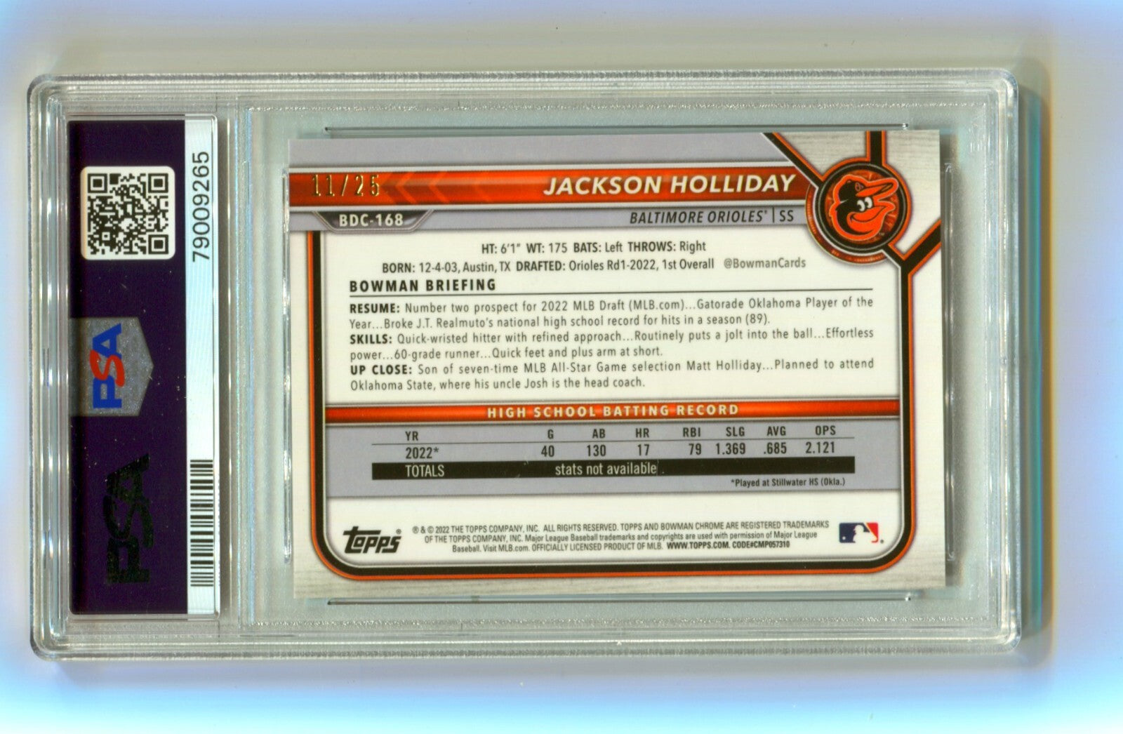 Jackson Holliday 2022 Bowman Chrome 1st Orange Refractor #/25 Signed PSA 10 Auto1