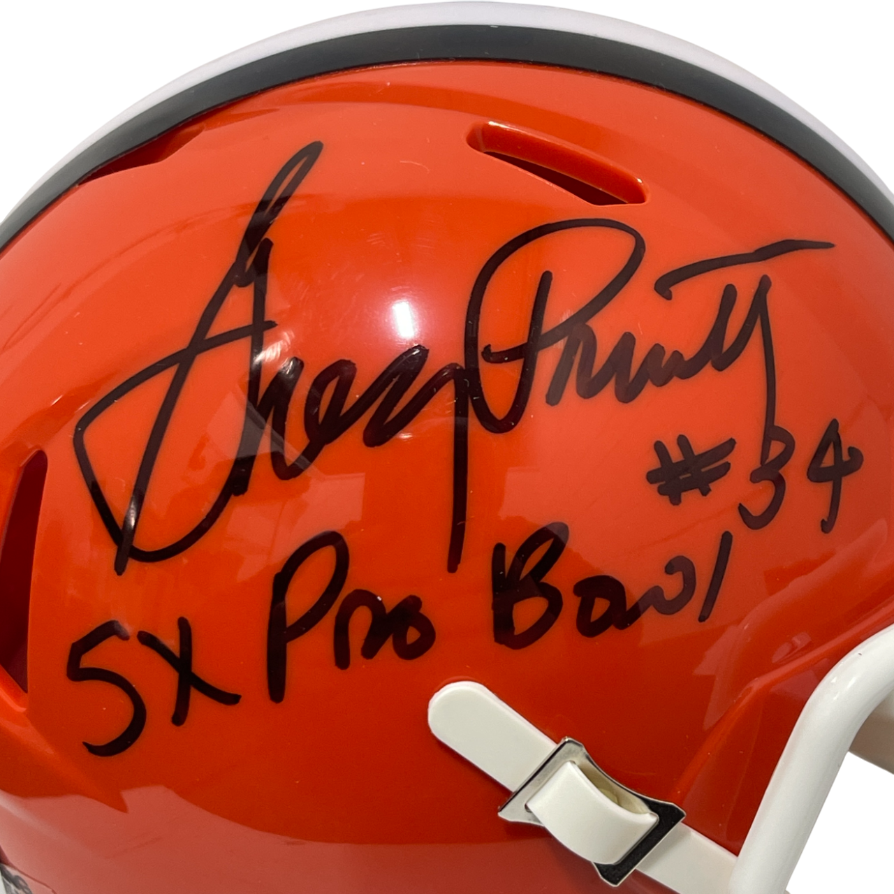 Greg Pruitt Signed Browns TB Mini Helmet w/ 5x Pro Bowl Beckett Witness BAS COA1