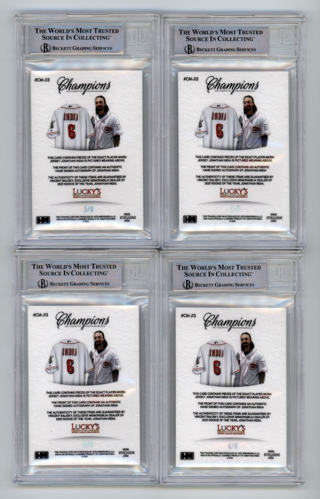 Jonathan India 2021 Hits Memorabilia Champions Patch Dual Auto RC #/6 BGS BAS1