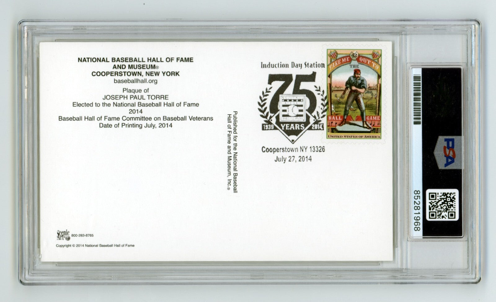 Joe Torre Signed Yellow HOF Plaque Post Card w/ Induction Day Stamp PSA 9 Auto1