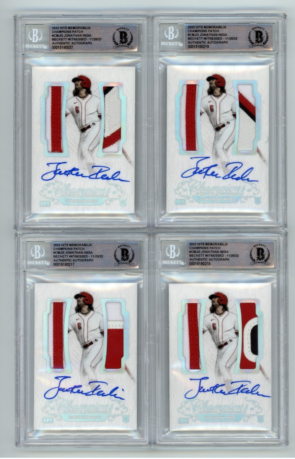 Jonathan India 2021 Hits Memorabilia Champions Patch Dual Auto RC #/6 BGS BAS0