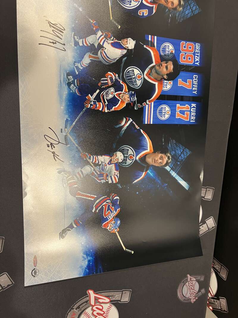 Wayne Gretzky Paul Coffey Jari Kurri Triple Signed Auto 36x18 Photo UDA COA5