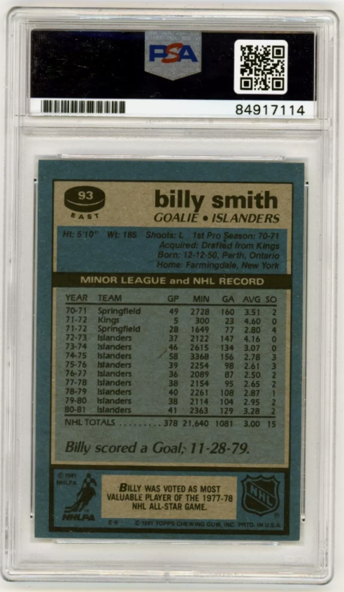 Billy Smith 1981-82 Topps East #93 Signed PSA Authentic Auto Islanders HOF1