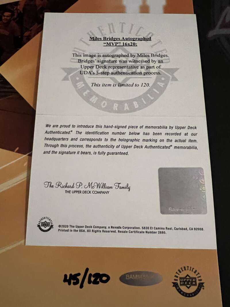 Miles Bridges Signed Auto 16x20 Photo "MVP" 45/120 Upper Deck UDA COA2