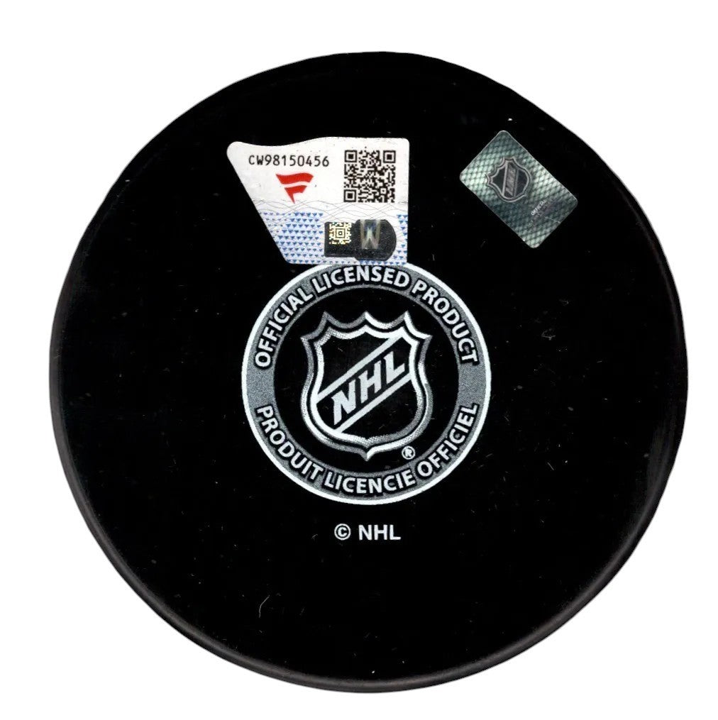 Connor Hellebuyck Signed Winnipeg Jets Logo Puck w/ 2025 Hart Insc. Fanatics COA1