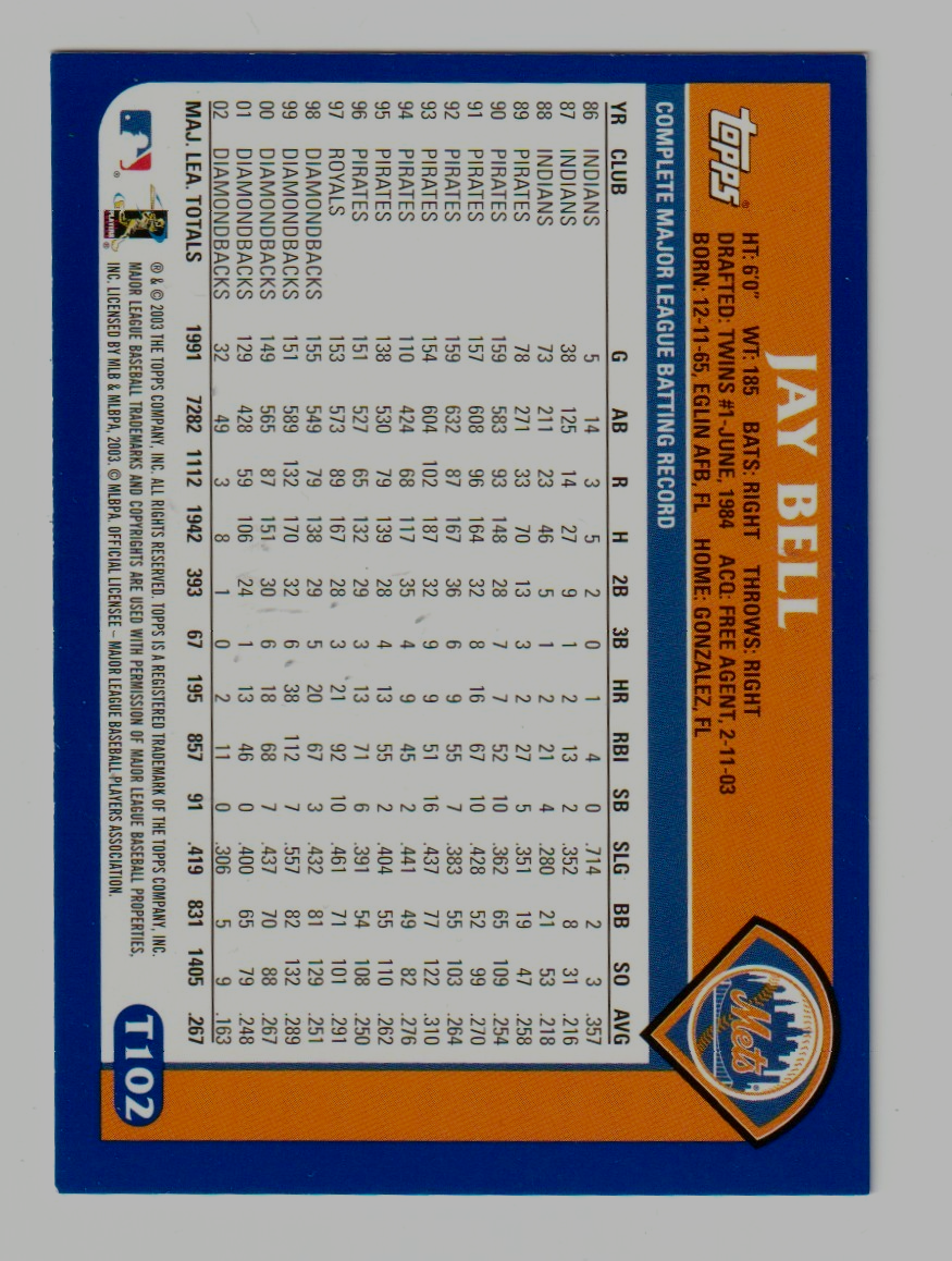 Jay Bell Signed Autographed 2003 Topps Traded #T102 LSCM COA New York Mets1