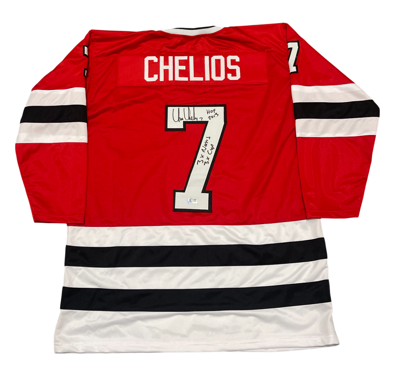 Chris Chelios Signed Blackhawks Custom Jersey w/ 3x Ins Beckett Wit BAS COA0