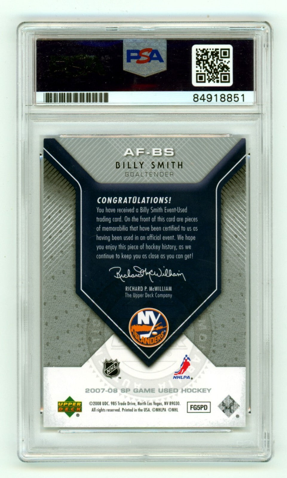 Billy Smith 2007-08 SP Game Used Authentic Fabrics #AFBS Signed HOF 93 PSA Auto1