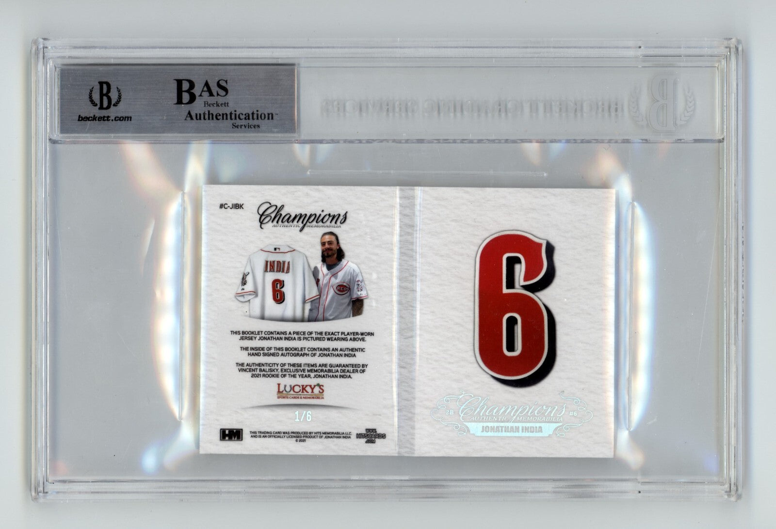 Jonathan India 2021 Hits Memorabilia Champions Letter Patch Auto Booklet #/6 BGS1