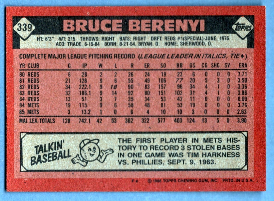 Bruce Berenyi Signed 1986 Topps #339 Rookie RC w/ 86 WSC LSCM COA NY Mets1